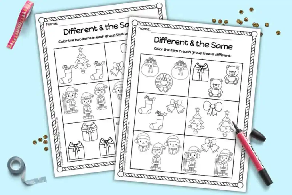 A preview of two different and the same worksheets for Kindergarteners with a Christmas theme.