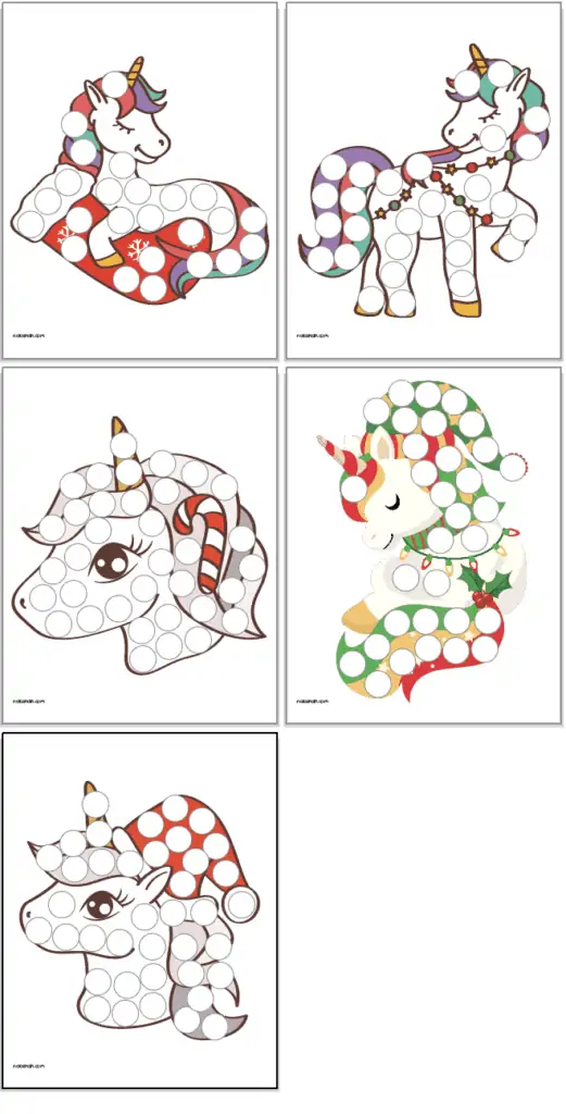 A preview of five colorful Christmas themed unicorn dot marker pages