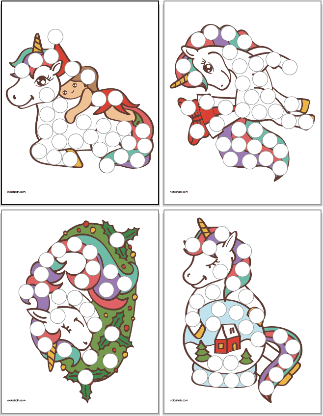 A preview of four colorful Christmas themed unicorn dot marker pages