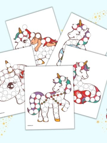 Five cute Christmas unicorn dot marker coloring pages for toddlers