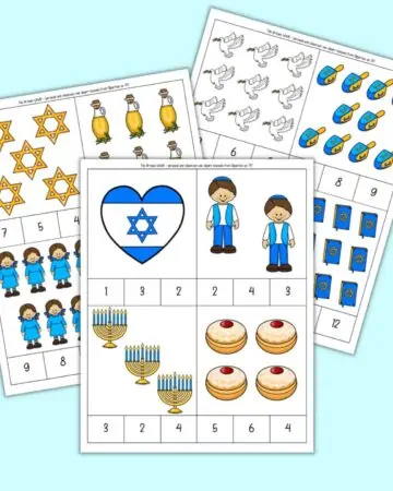 A preview of three Hanukkah themed count and clip cards with numbers 1-12