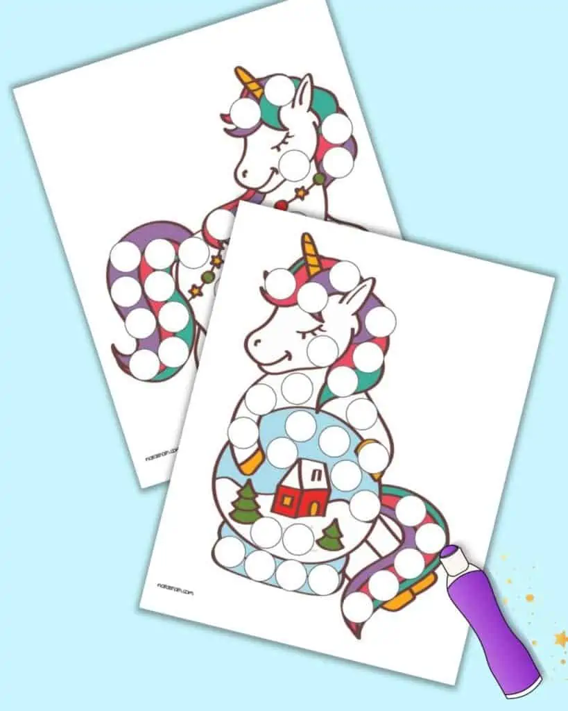 A preview of two cute Christmas unicorn dot marker coloring pages with a purple animated marker
