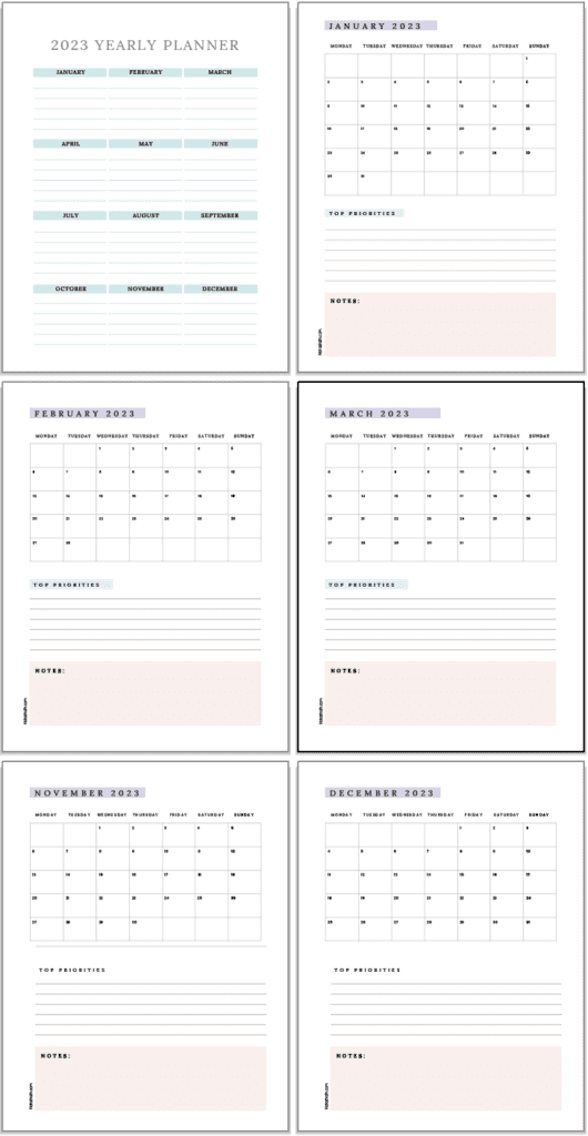A preview of dated calendar pages for 2023. Pages include a year at a glance, January, February, March, November, and December