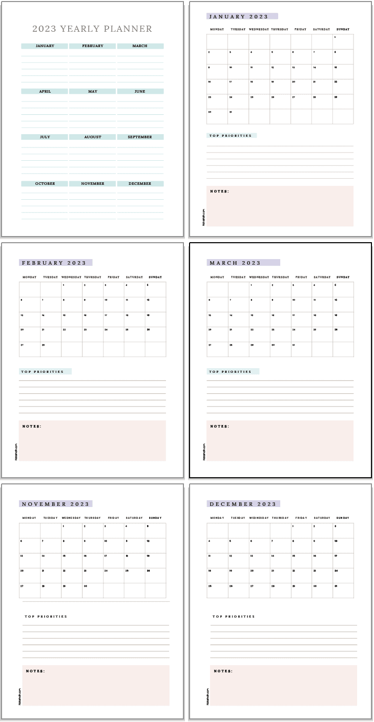 A preview of dated calendar pages for 2023. Pages include a year at a glance, January, February, March, November, and December
