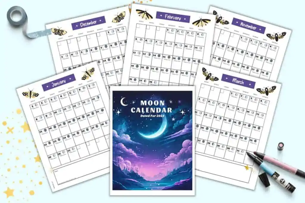 A preview of the front cover and five monthly pages from a moon phases calendar for 2023
