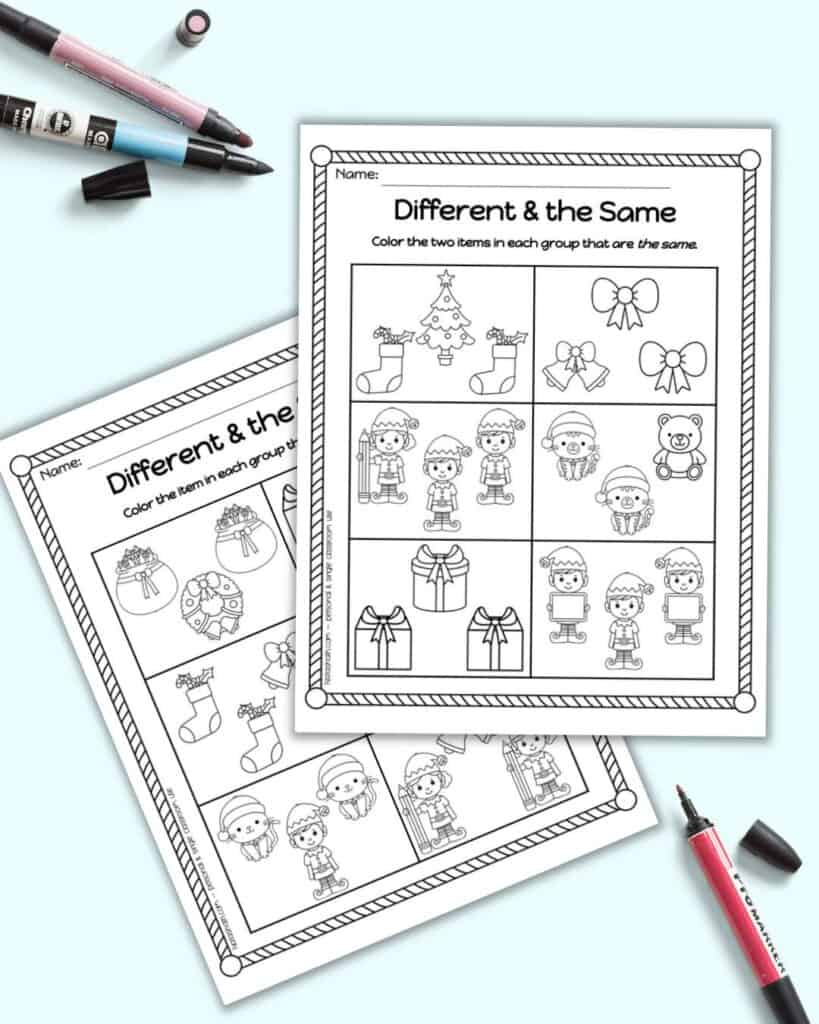 A preview of two different and the same worksheets for Kindergarteners with a Christmas theme. They are shown on a blue background.