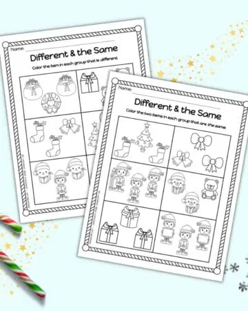 A preview of two different and the same worksheets for Kindergarteners with a Christmas theme. They are shown on a blue background with a candy cane