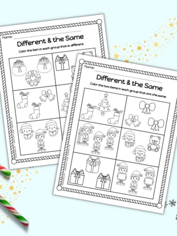 A preview of two different and the same worksheets for Kindergarteners with a Christmas theme. They are shown on a blue background with a candy cane