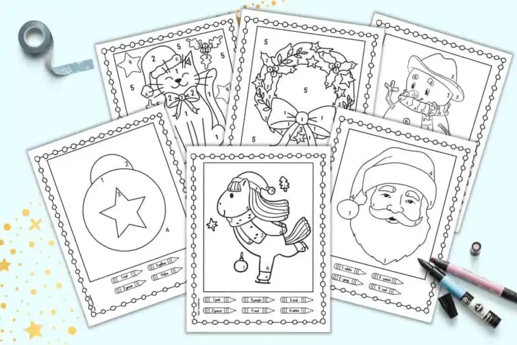 A preview of six easy Christmas color by number pages for kindergarten students