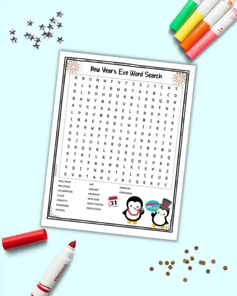 A preview of a New Year's Eve themed word search with cute penguins