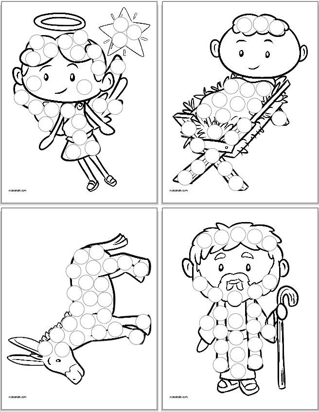 Four Nativity dot marker pages. They show: an angel, Jesus, a donkey, and Joseph