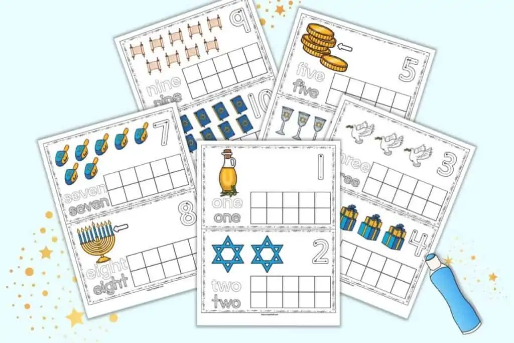 A preview of five sheets of Hanukkah ten frame printables with two ten frame cards per page.