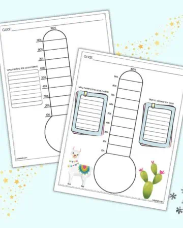 A preview of two printable thermometer goal tracker templates. They are shown on a light blue background.