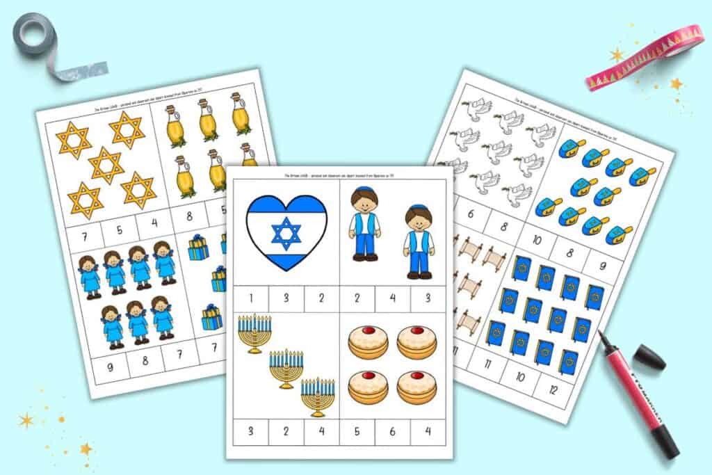 A preview of three Hanukkah themed count and clip cards with numbers 1-12