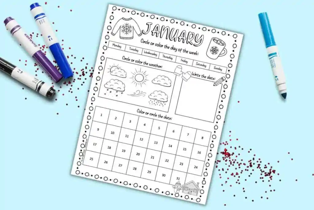 A preview of a January calendar worksheet for kids