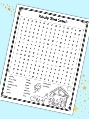 a preview of a Nativity themed word search printable