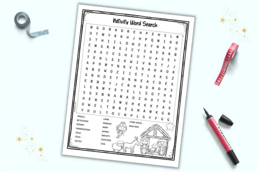 A free printable Nativity word search for children with Nativity themed elements to color