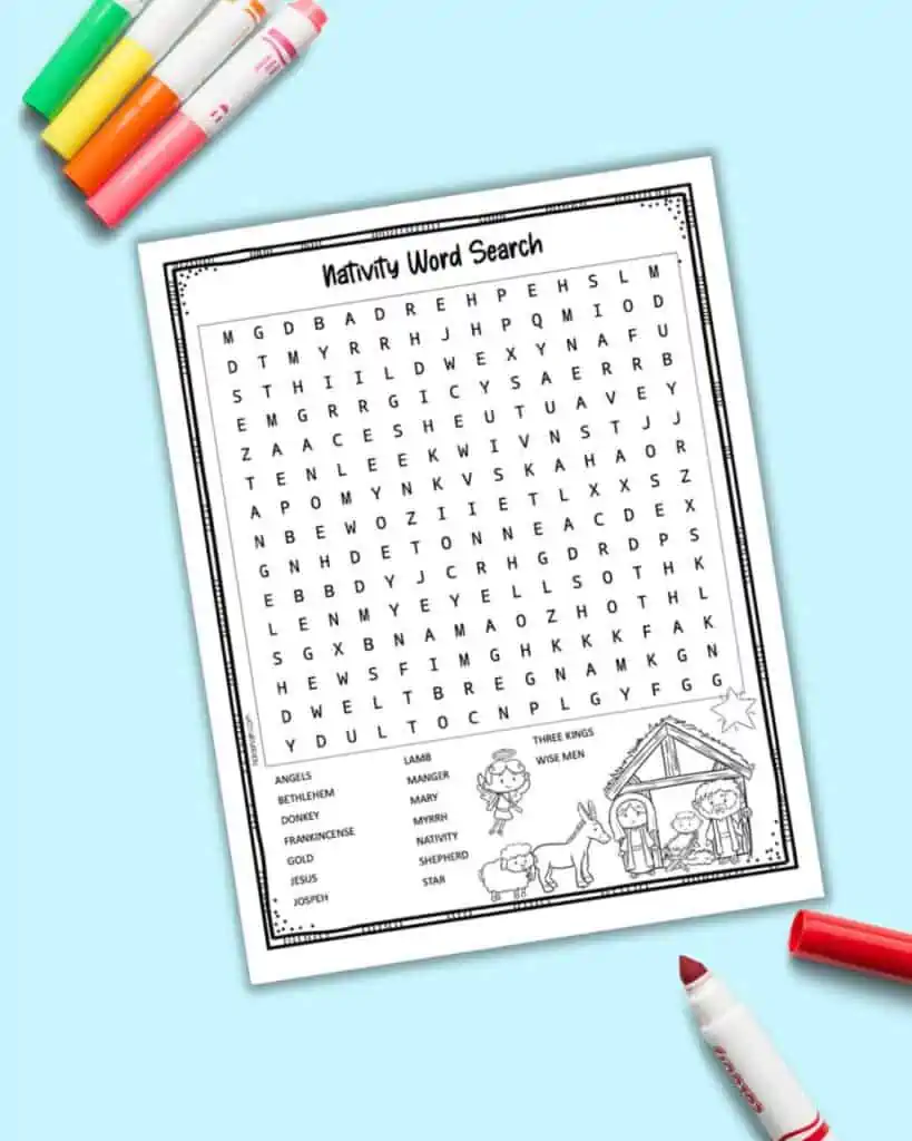 A free printable Nativity word search for children with Nativity themed elements to color. It is shown with colorful children's markers.