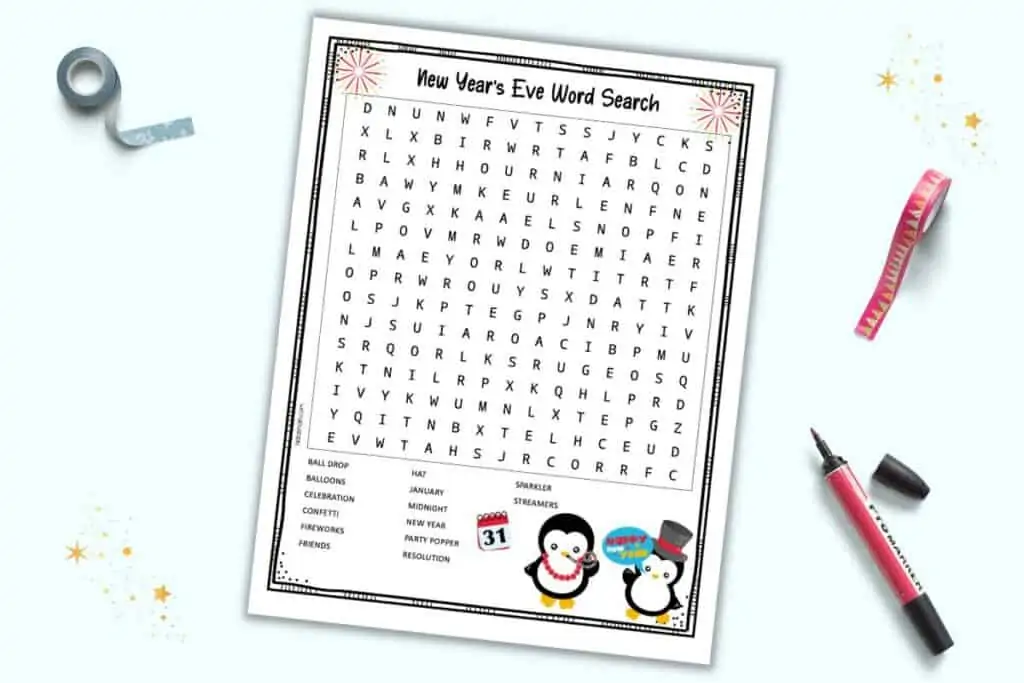A preview of a New Year's Eve themed word search with cute penguins and fireworks