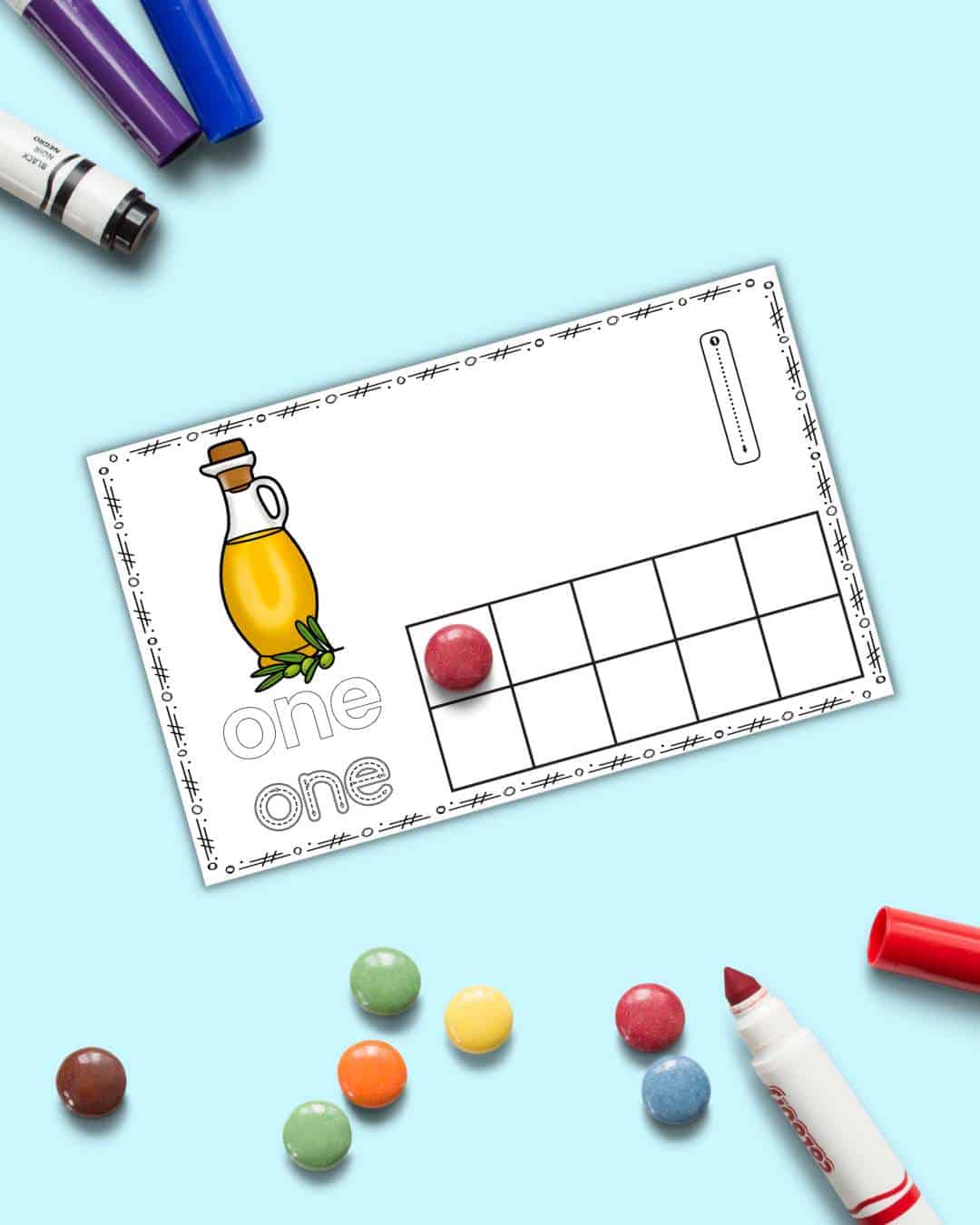 A ten frame printable for the number one with a bottle of oil for Hanukkah