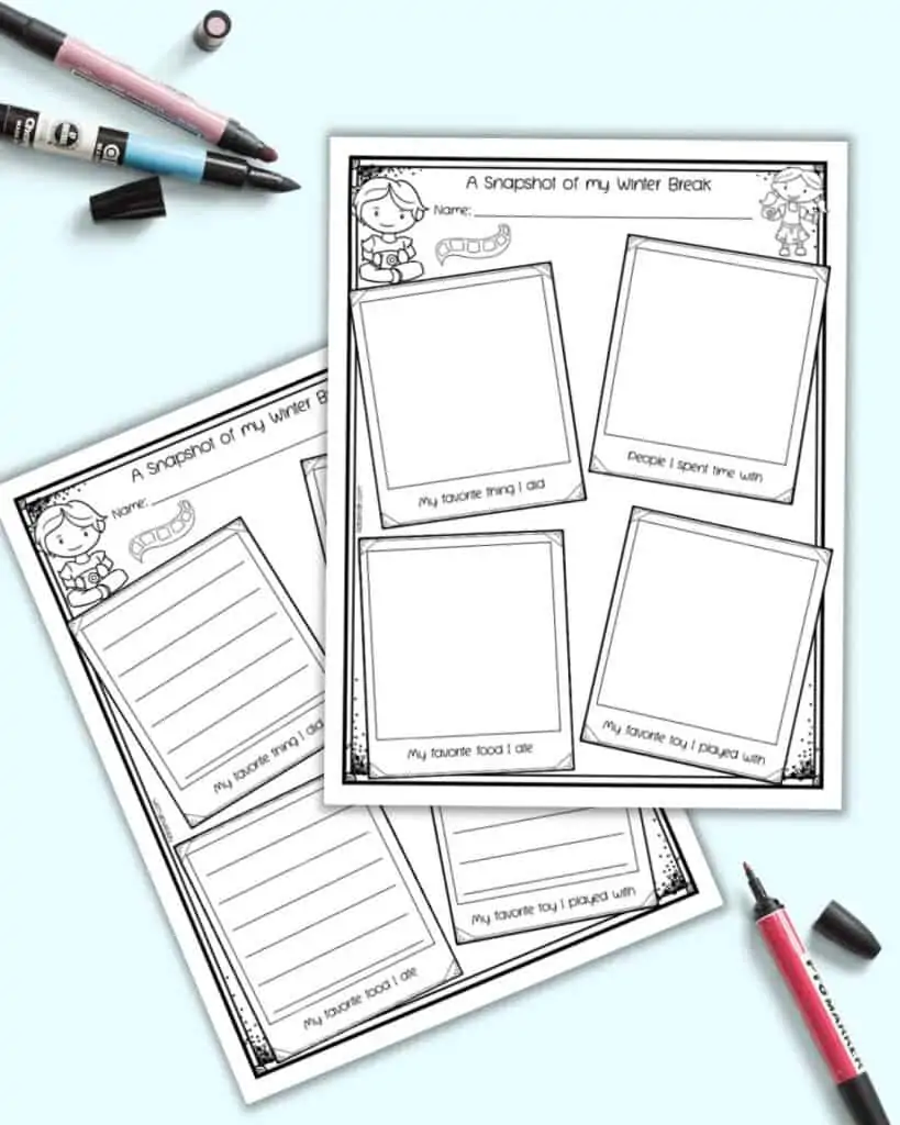 A preview of two free printable "snapshot of my winter break" worksheets. They are an after winter break activity for preschool and kindergarten. One page has blank rectangles for drawing and the other has lines for writing.