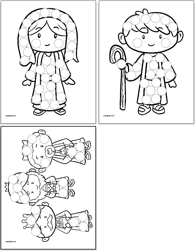 Three Nativity dot marker pages. They show: Mary, a shepherd boy, and the three wise men.
