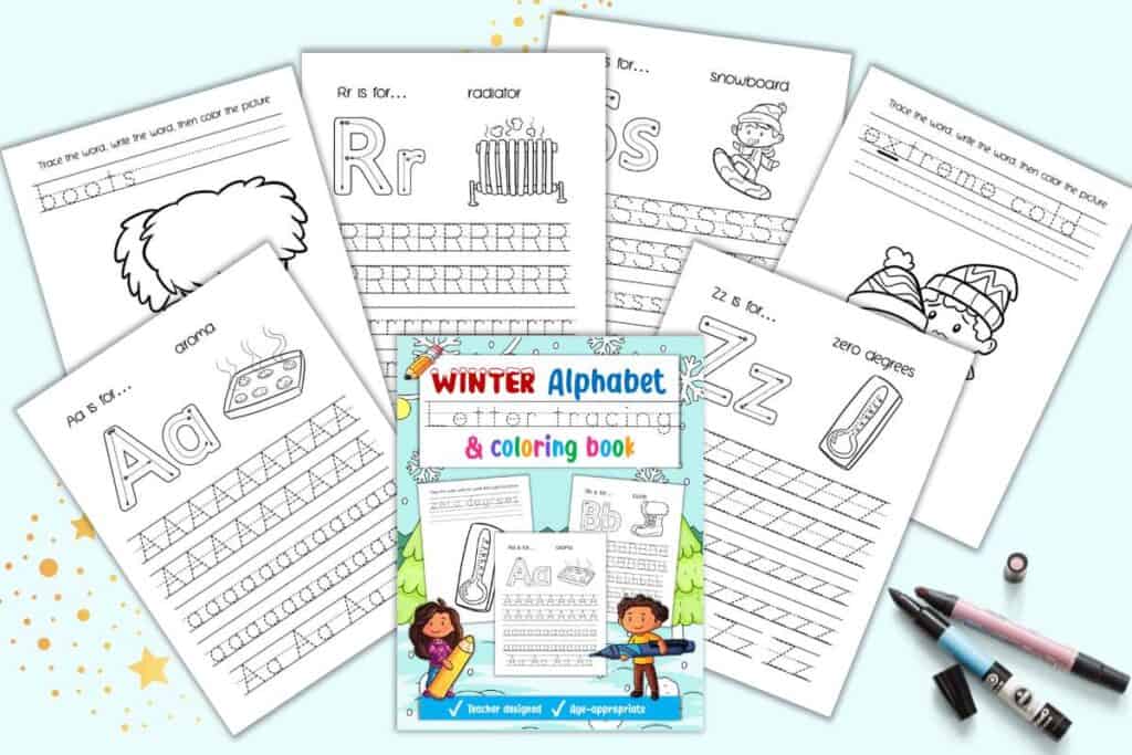 A preview of pages from a winter themed alphabet tracing and coloring book