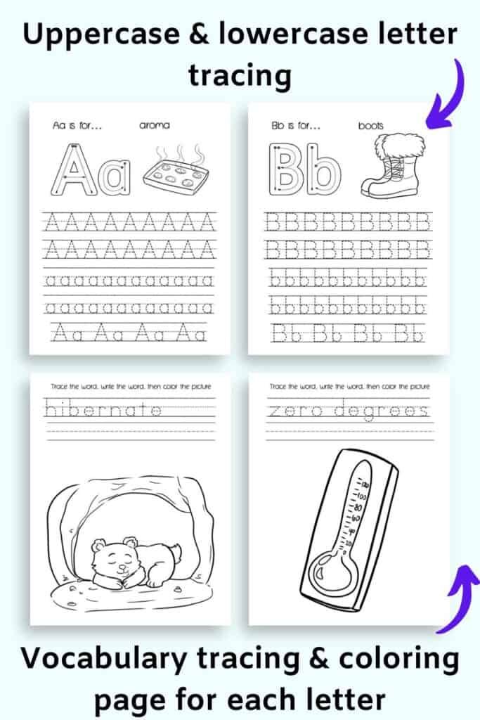 A preview of letter tracing pages for A and B and coloring pages for H and Z