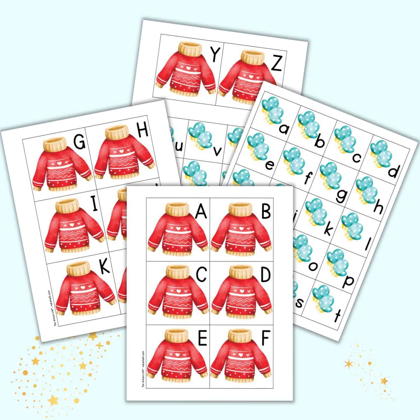 Free Printable Winter Alphabet Matching Cards with Winter Clothes The