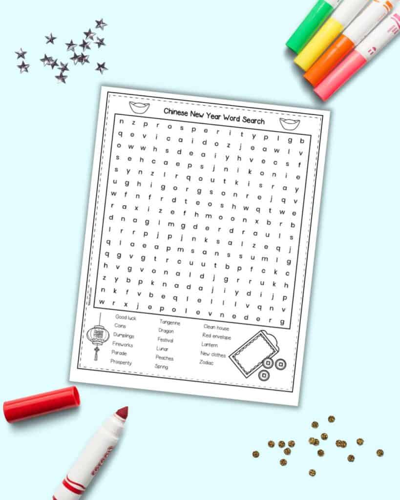 A preview of a Chinese New Year themed word search on a blue background with colorful markers