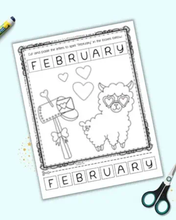 A preview of a February cut and paste worksheet with FEBRUARY at the top and letter tiles in dotted squares along the bottom.