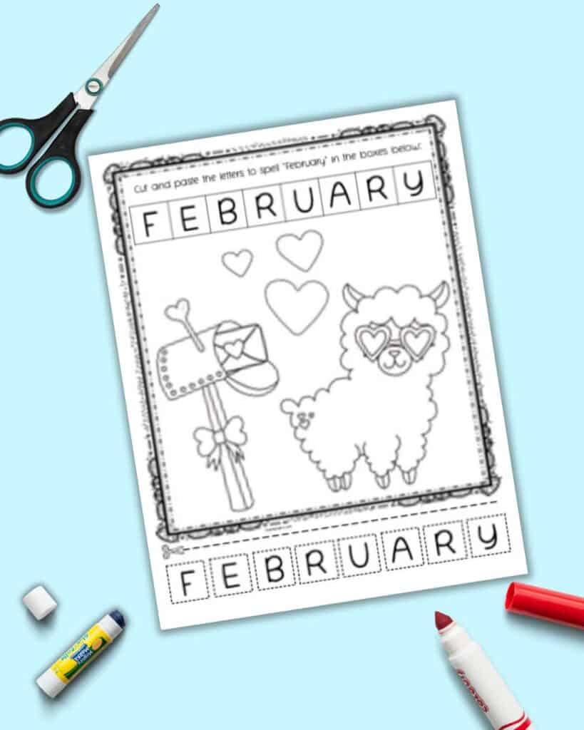 A preview of a February cut and paste worksheet with FEBRUARY at the top and letter tiles in dotted squares along the bottom.