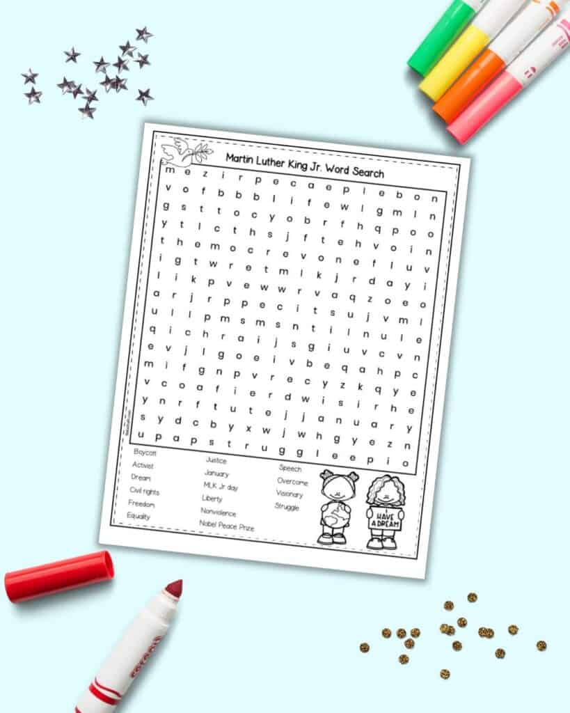 A preview of a MLK Jr Day themed word search for students