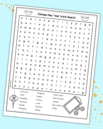 A preview of a Chinese New Year themed word search on a light blue background