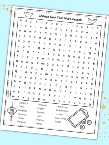 A preview of a Chinese New Year themed word search on a light blue background