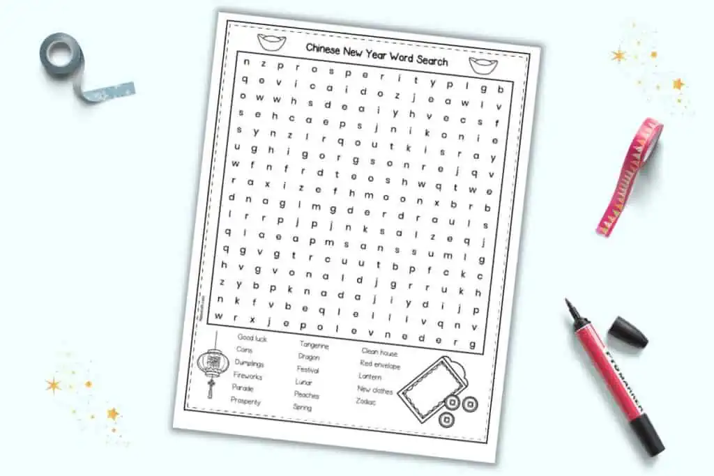 A preview of a Chinese New Year themed word search. It is shown with a red marker and two rolls of washi tape.