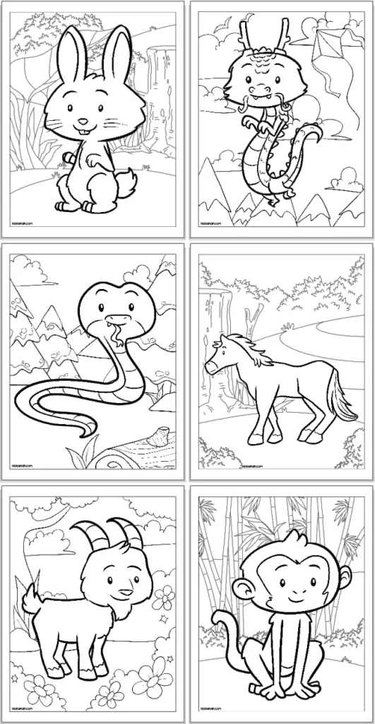 A preview of six Chinese zodiac animal coloring pages for kids including: rabbit, dragon, snake, horse, ram, and monkey