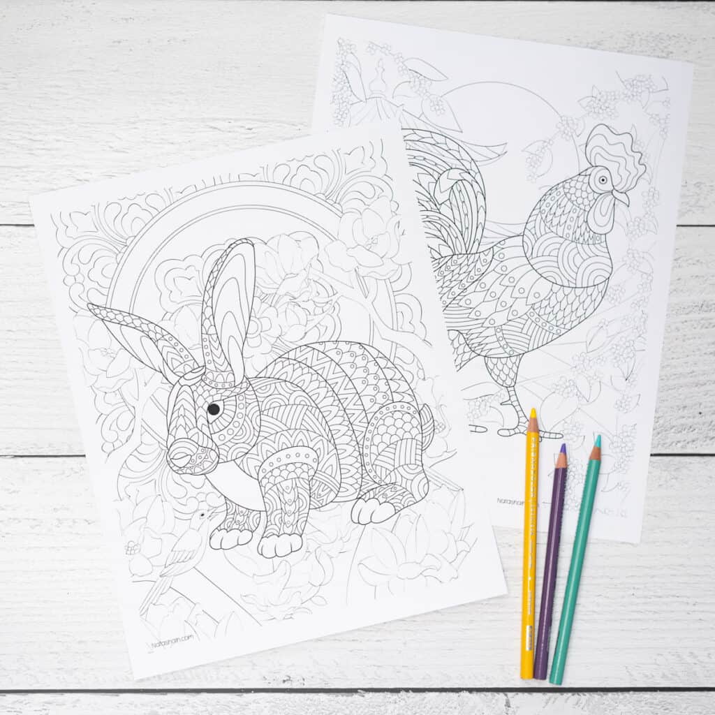 A preview of a zen-style rabbit coloring page for adults and a zen-style rooster coloring page for adults