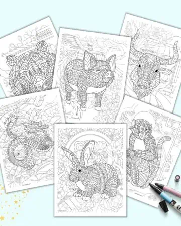 A preview of six Chinese zodiac animal coloring pages for adults. The animals are in a complex, zen-style.