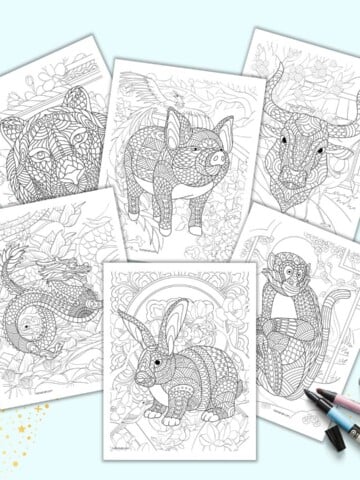 A preview of six Chinese zodiac animal coloring pages for adults. The animals are in a complex, zen-style.