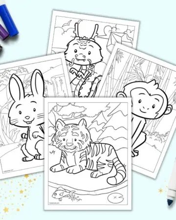 A preview of four Chinese zodiac animal coloring pages for kids