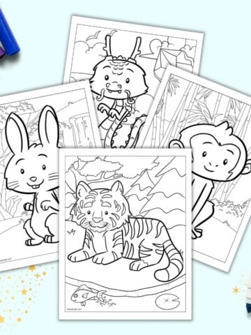 A preview of four Chinese zodiac animal coloring pages for kids