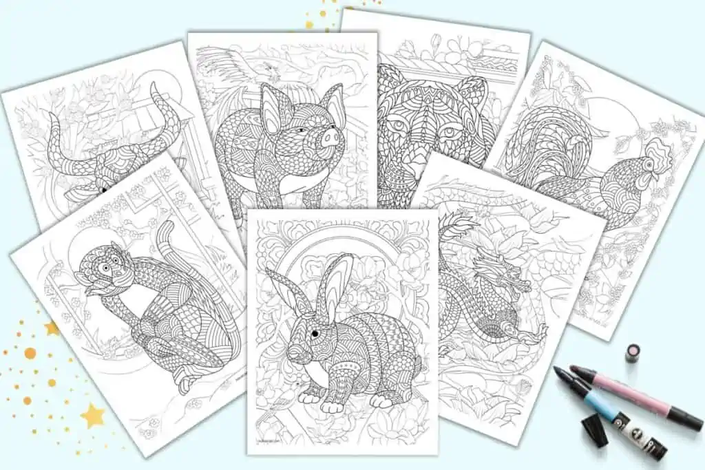 A preview of seven Chinese zodiac animal coloring pages for adults. The animals are in a complex, zen-style.