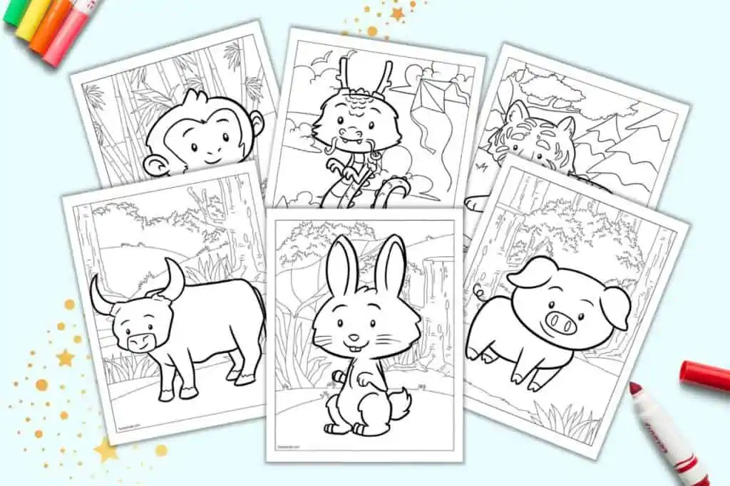 A preview of six Chinese zodiac animal coloring pages for kids including: rabbit, pig, ox, monkey, dragon, and tiger