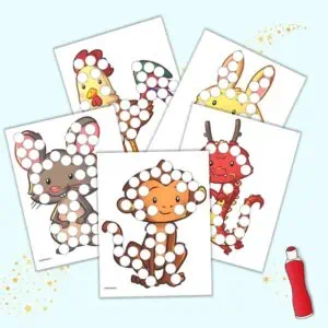 A preview of five Chinese zodiac animal dot marker pages for kids