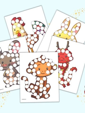 A preview of five Chinese zodiac animal dot marker pages for kids