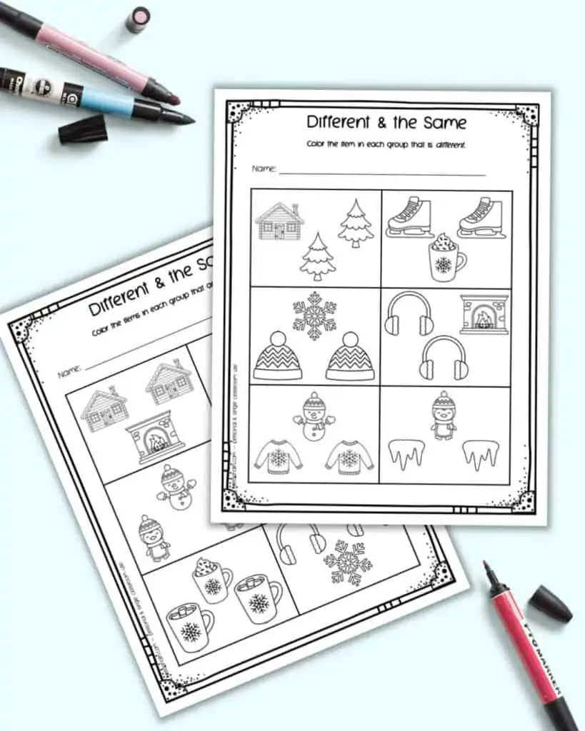 A preview of two different and the same worksheets with a winter theme
