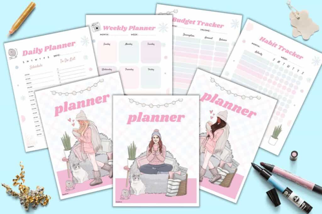 A preview of three planner cover pages, a daily planner, a weekly planner, a budget tracker, and a habit tracker.