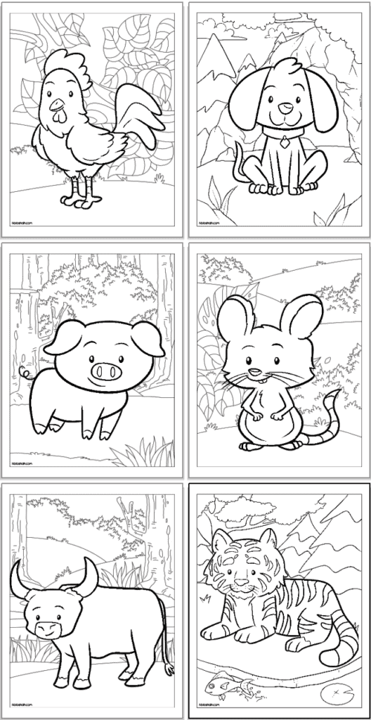 A preview of six Chinese zodiac animal coloring pages for kids including: rooster, dog, pig, rat, ox, and tiger