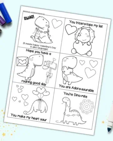 A preview of a printable page of free dinosaur black and white Valentines cards